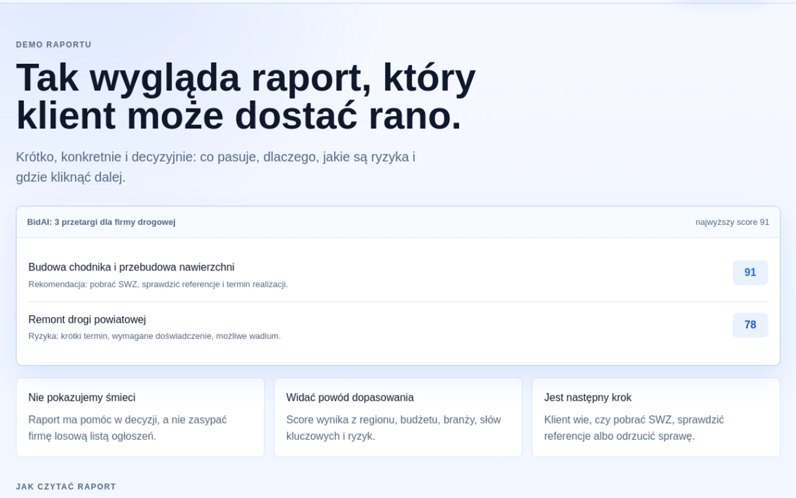 Dashboard BidAI z listą najlepiej dopasowanych przetargów i scoringiem