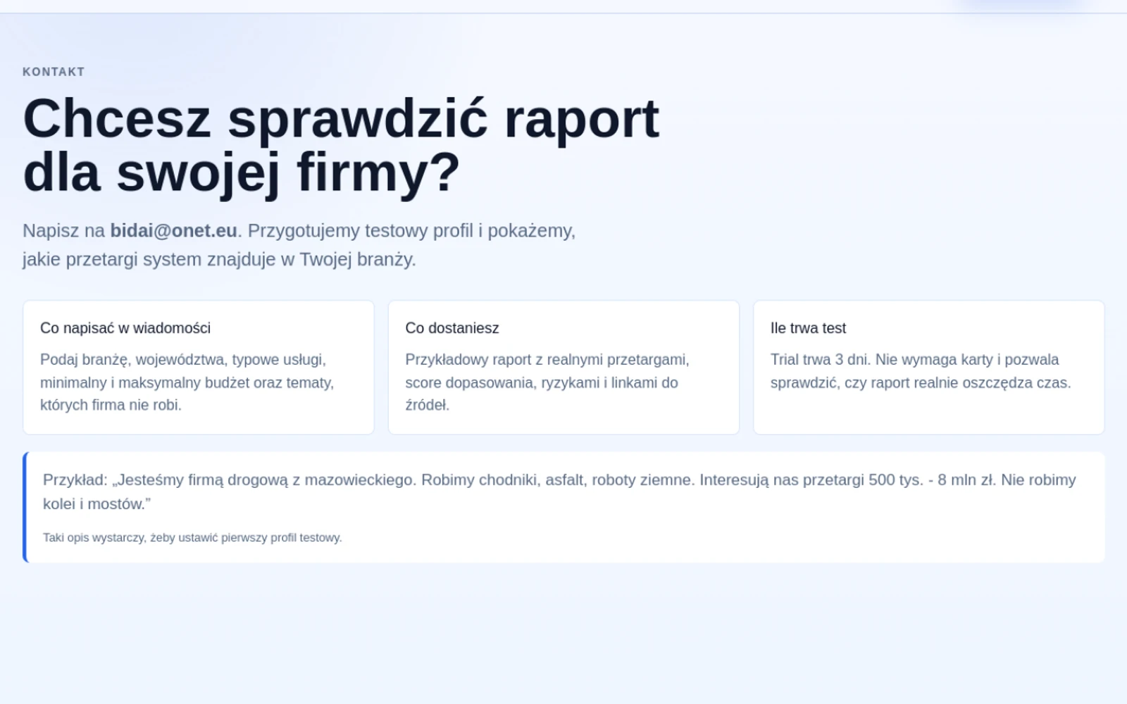 Przykładowy raport e-mail z rekomendowanymi przetargami