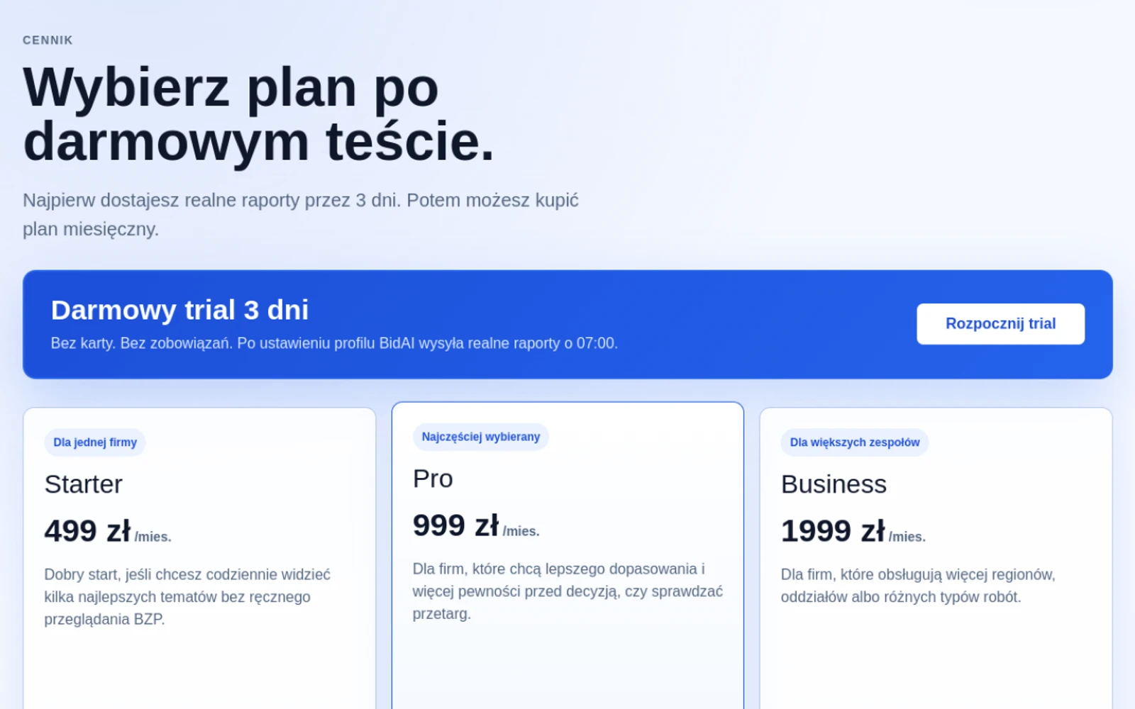 Widok planów subskrypcyjnych Starter, Pro i Business w BidAI