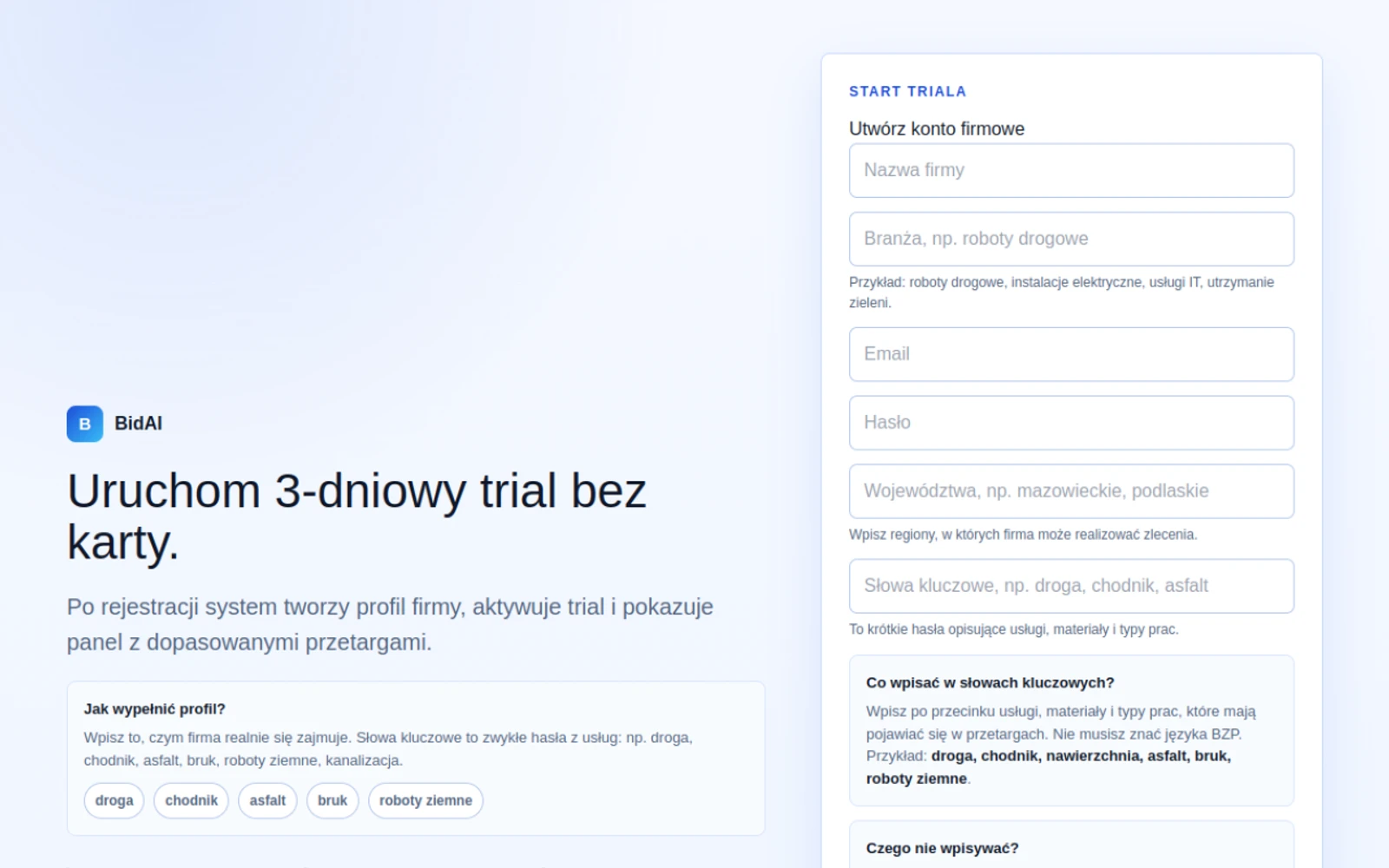 Formularz konfiguracji profilu firmy w systemie BidAI
