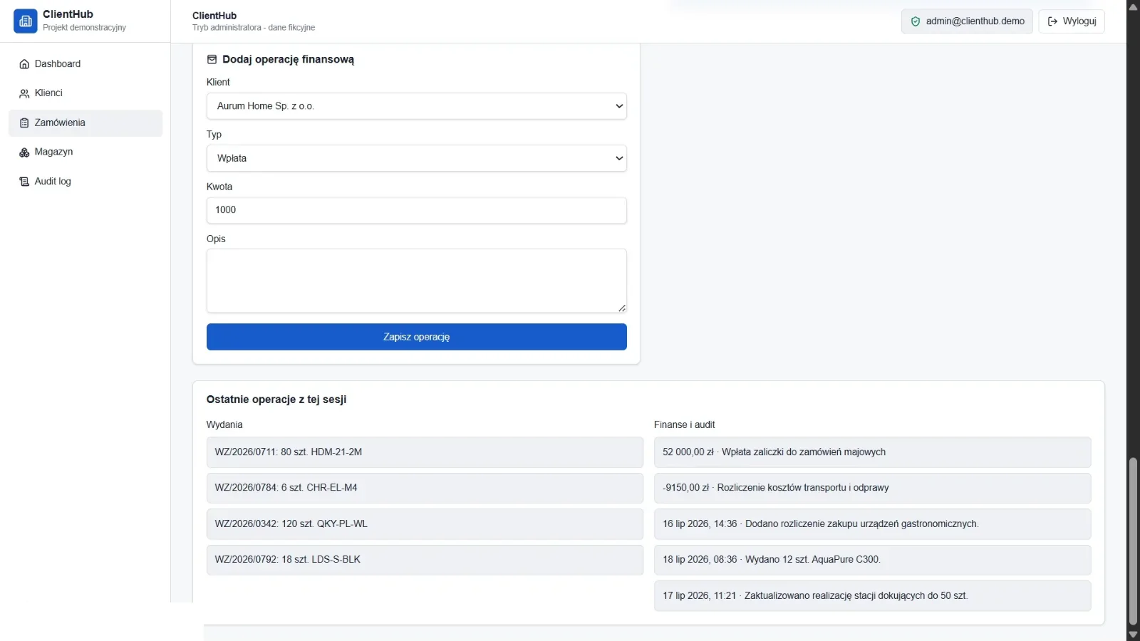 Widok operacji finansowych i salda klienta w ClientHub