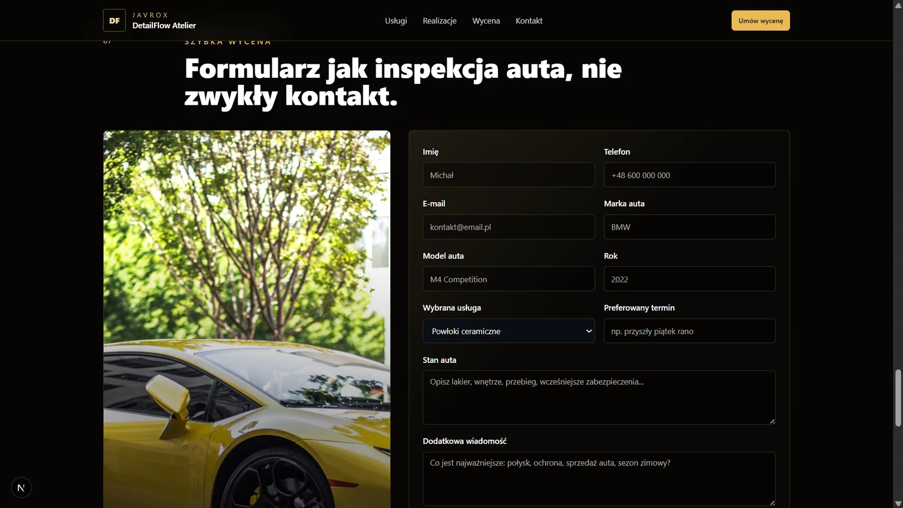 Rozbudowany formularz wyceny auta z danymi klienta, usługą i opisem stanu auta