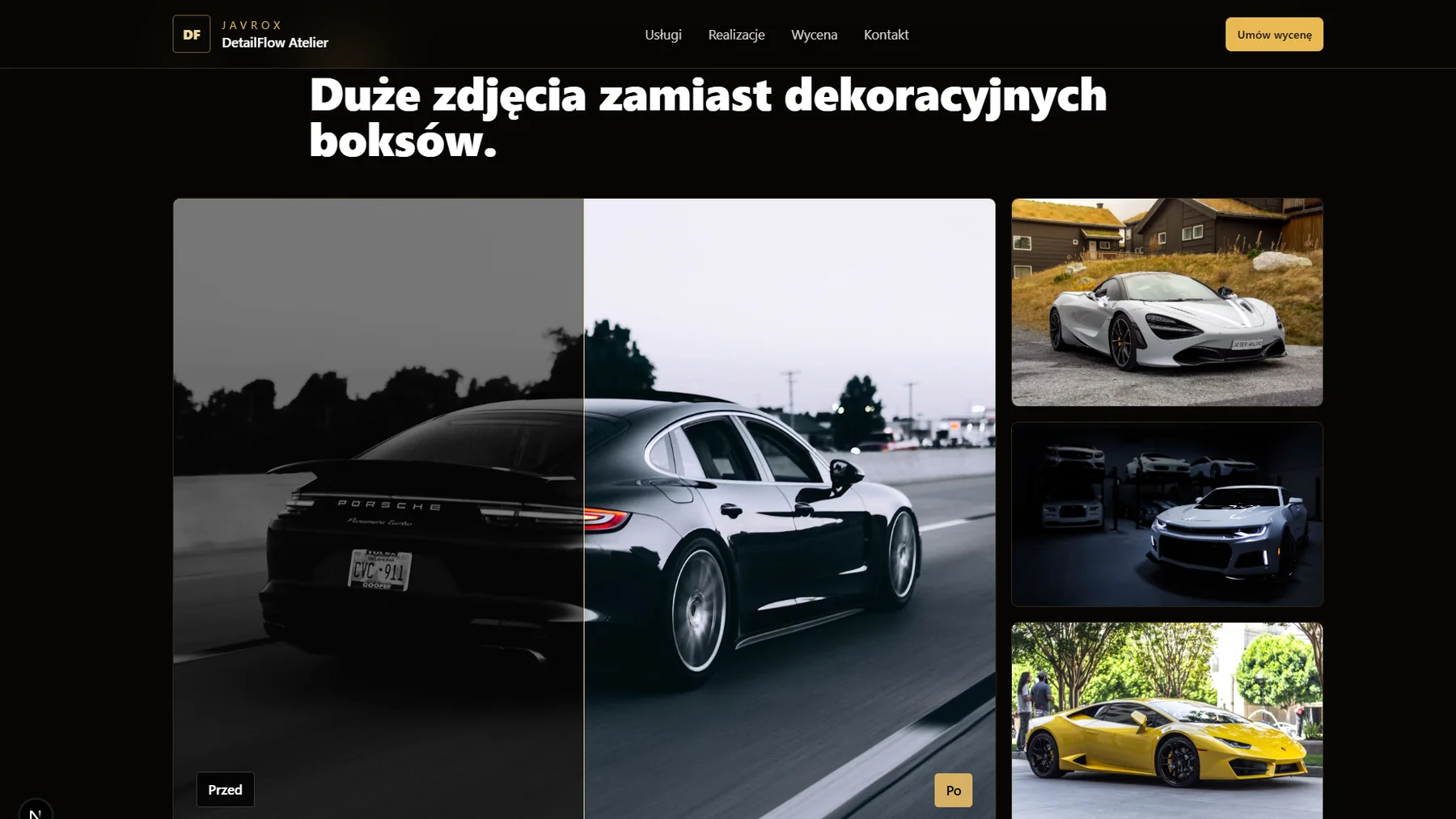 Galeria DetailFlow z dużym porównaniem efektu przed i po oraz zdjęciami realizacji
