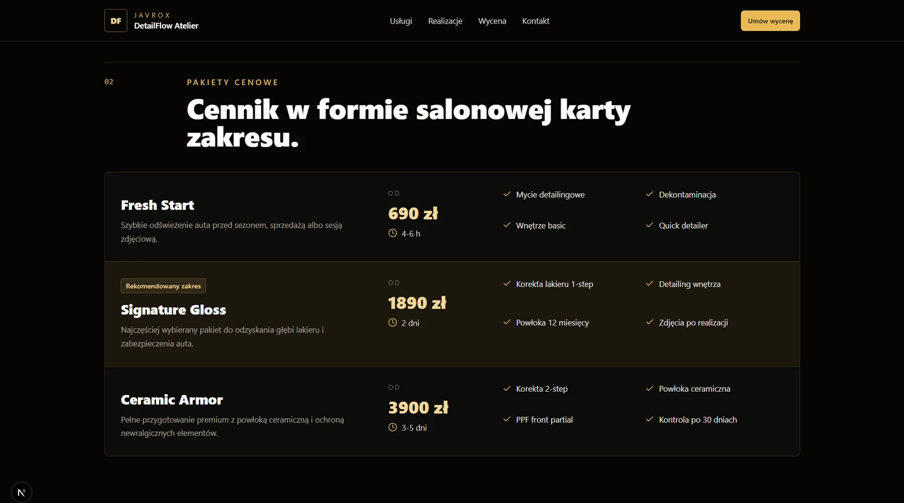 Cennik pakietów detailingowych w formie salonowej karty zakresu