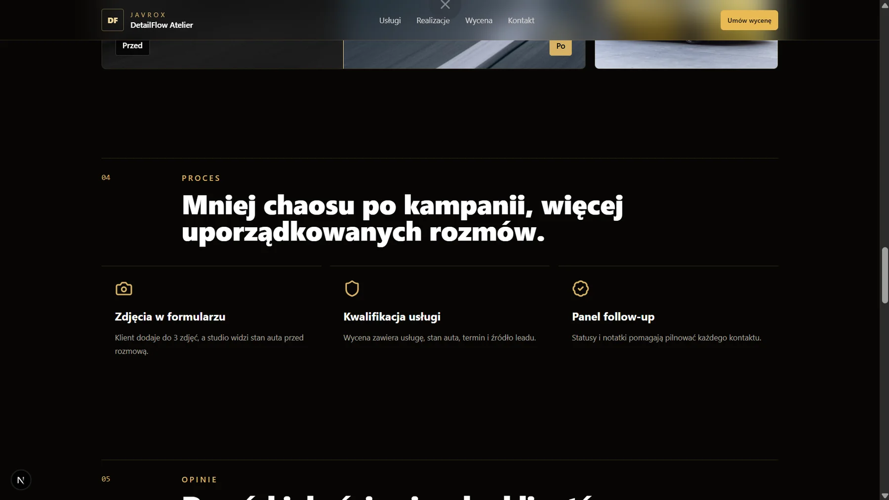 Sekcja procesu DetailFlow pokazująca zdjęcia w formularzu, kwalifikację usługi i panel follow-up