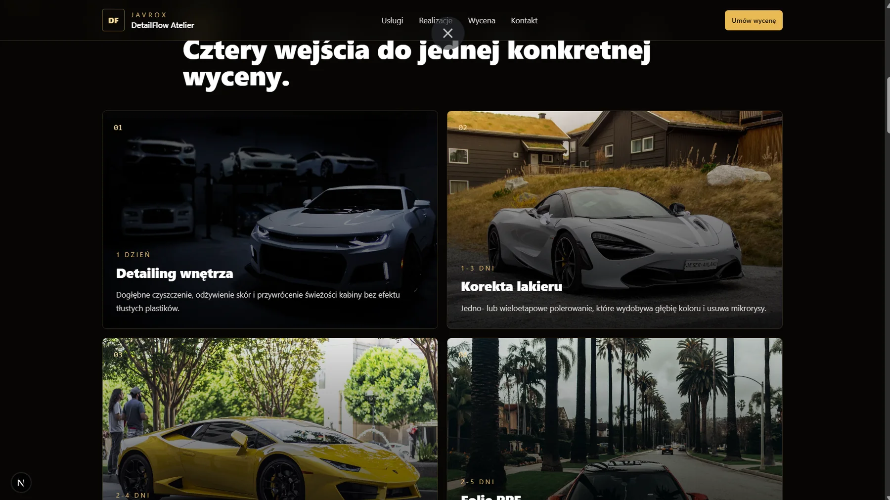 Sekcja usług detailingu z dużymi kartami zdjęciowymi w DetailFlow