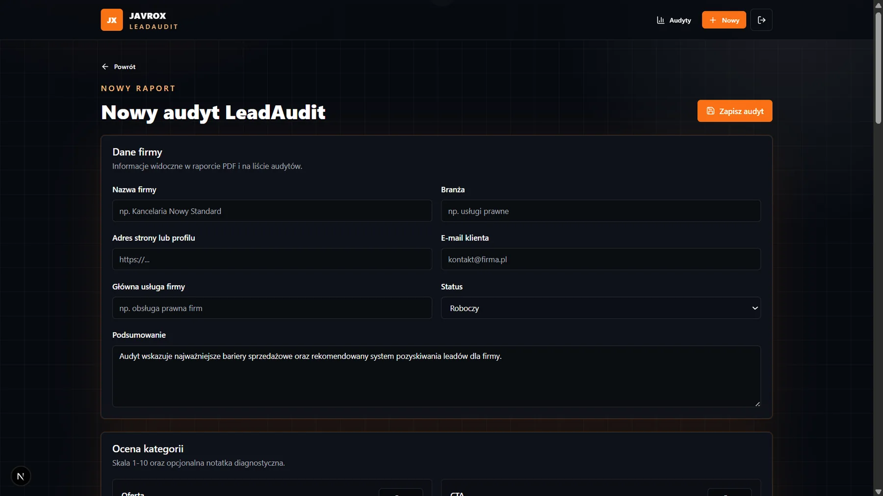 Formularz tworzenia nowego audytu LeadAudit z danymi firmy i statusem raportu