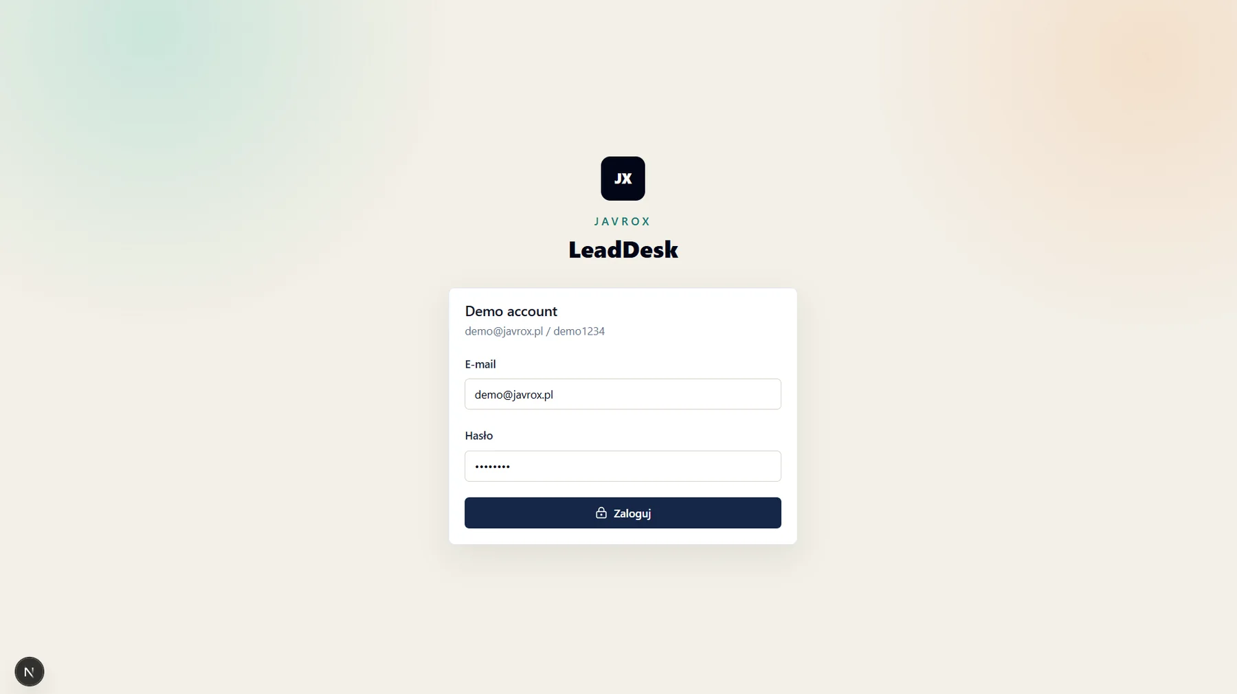 Ekran logowania do demonstracyjnego systemu LeadDesk